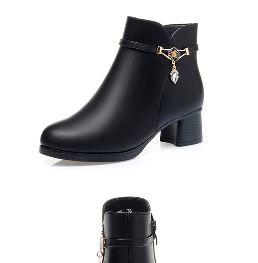 Autumn And Winter Plus Cashmere Leather Casual Short Tube Autumn And Winter Cotton Boots