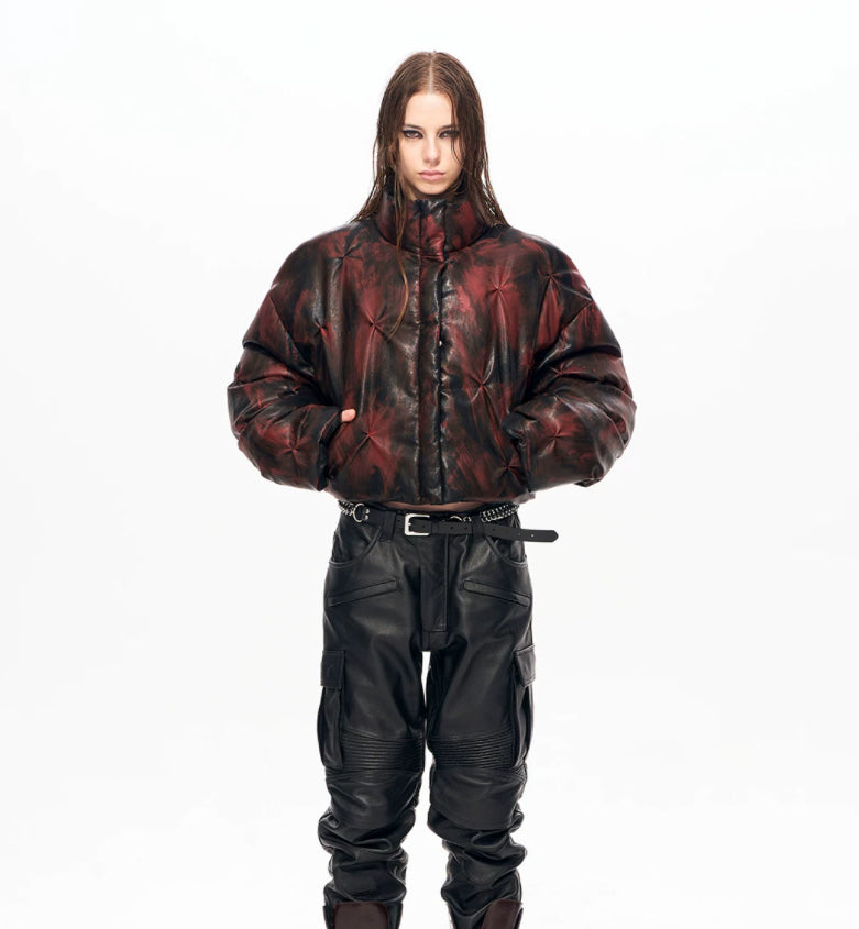 Cropped Leather Puffer Jacket With A Stand-up Collar And Shirring