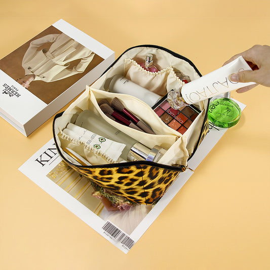Women's Leopard PU Leather Wash Makeup Storage Bag Large Capacity Multifunctional