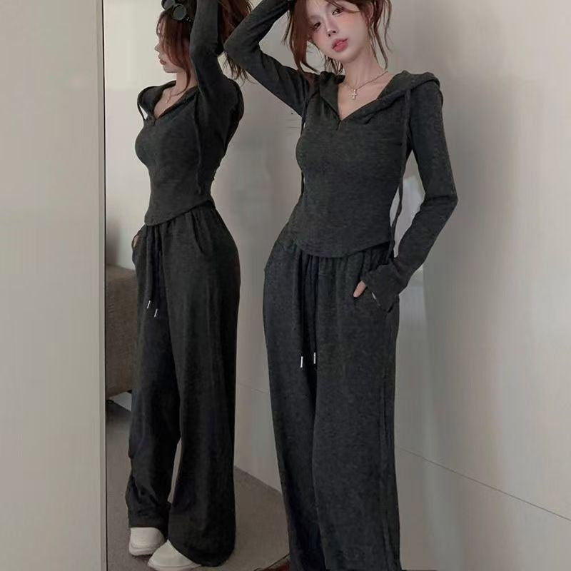 Short Hooded Cardigan Hoodie Two Piece Set With Zippers
