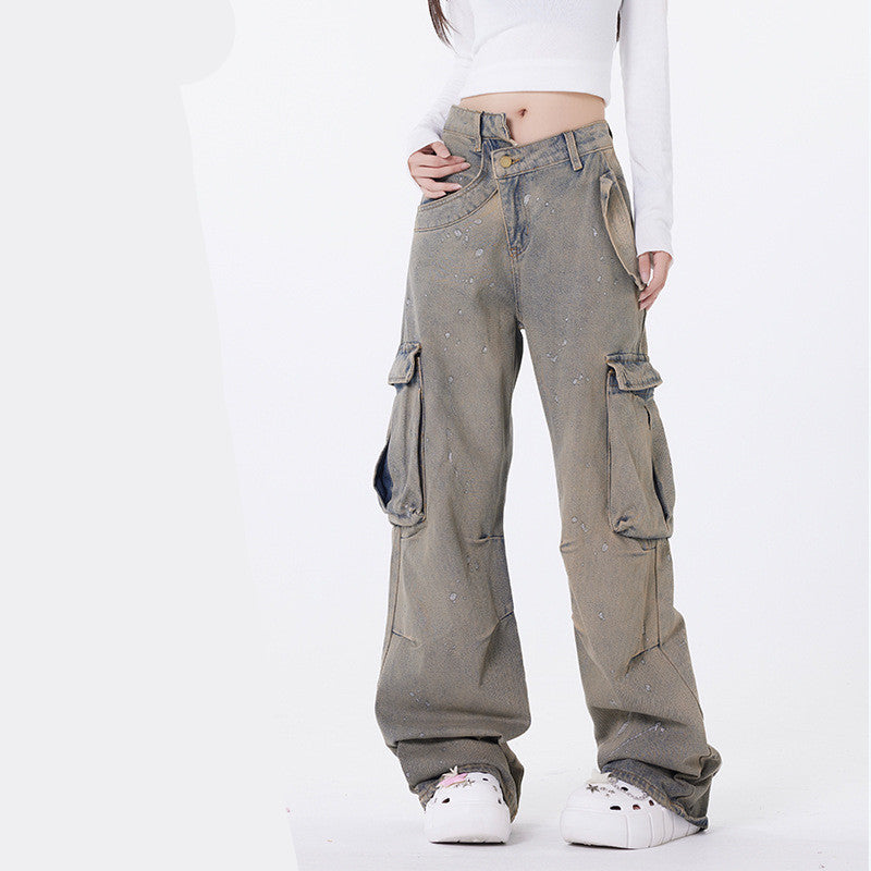 American Street Fashion Retro Easy Matching Washed Cargo Pocket Denim Trousers