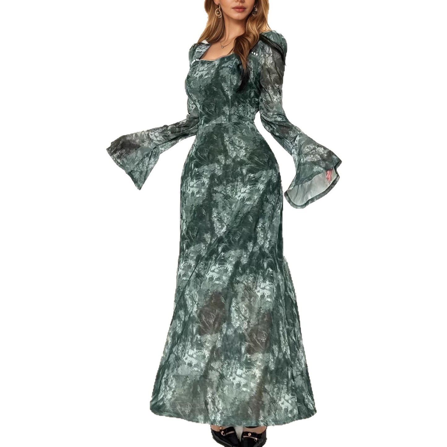 Elegant Square-neck Long-sleeve Tie-dye Printed Dress