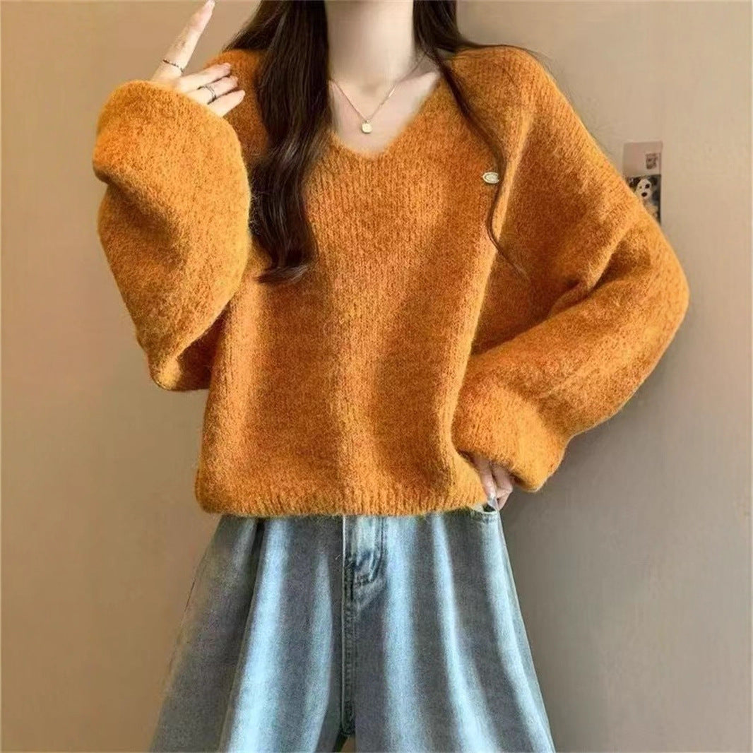 Loose V-neck Fluffy Versatile Casual Minimalist Knit Top