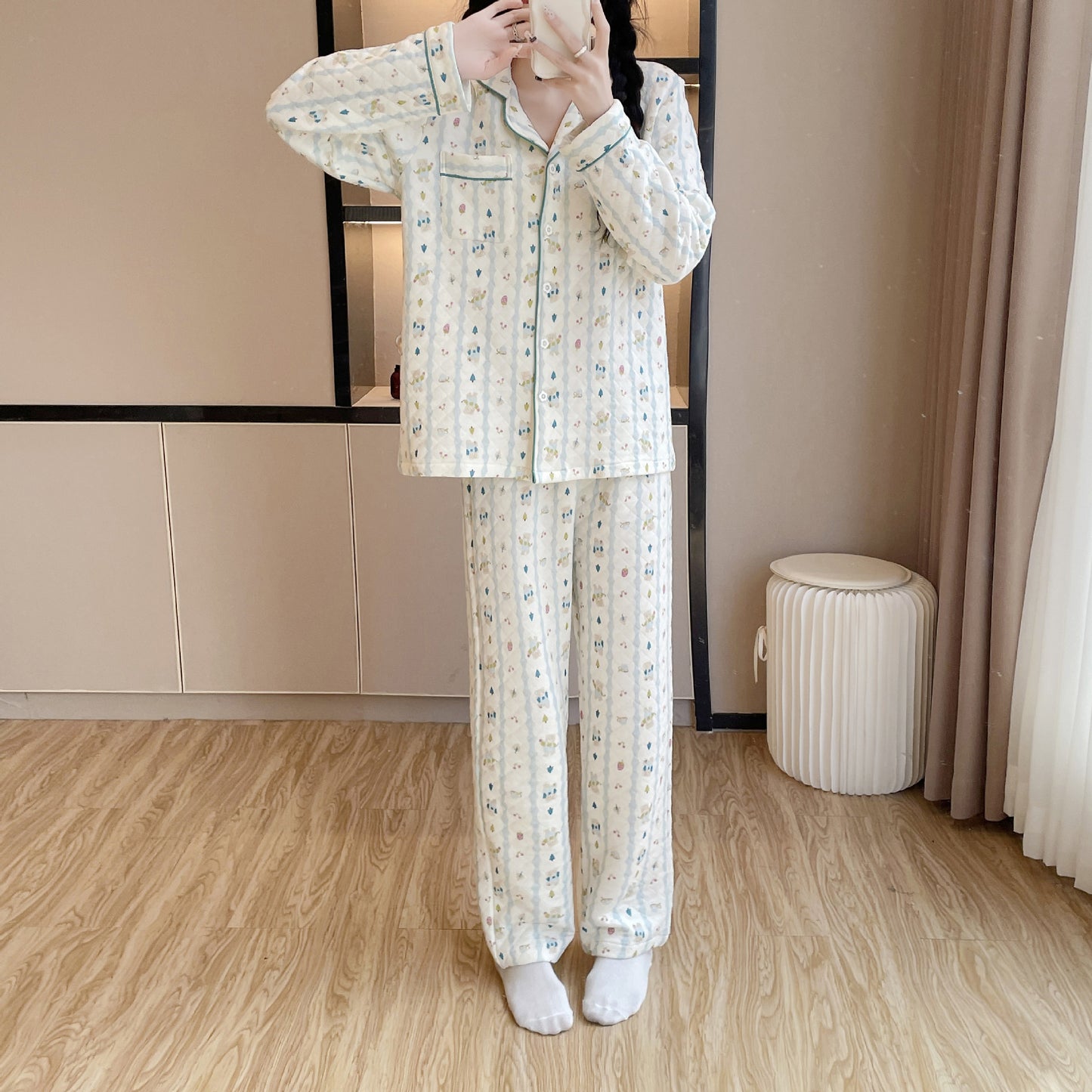 Womens Cotton Long-Sleeve All-Cotton Cozy Sweet Loungewear Set
