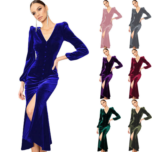 Knitted V-neck Padded-shoulder Long-sleeve Dress