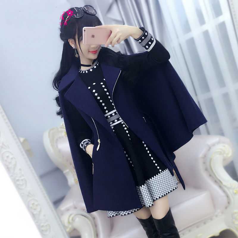 Women's Dark Blue British Zipper Cloak Woolen Coat