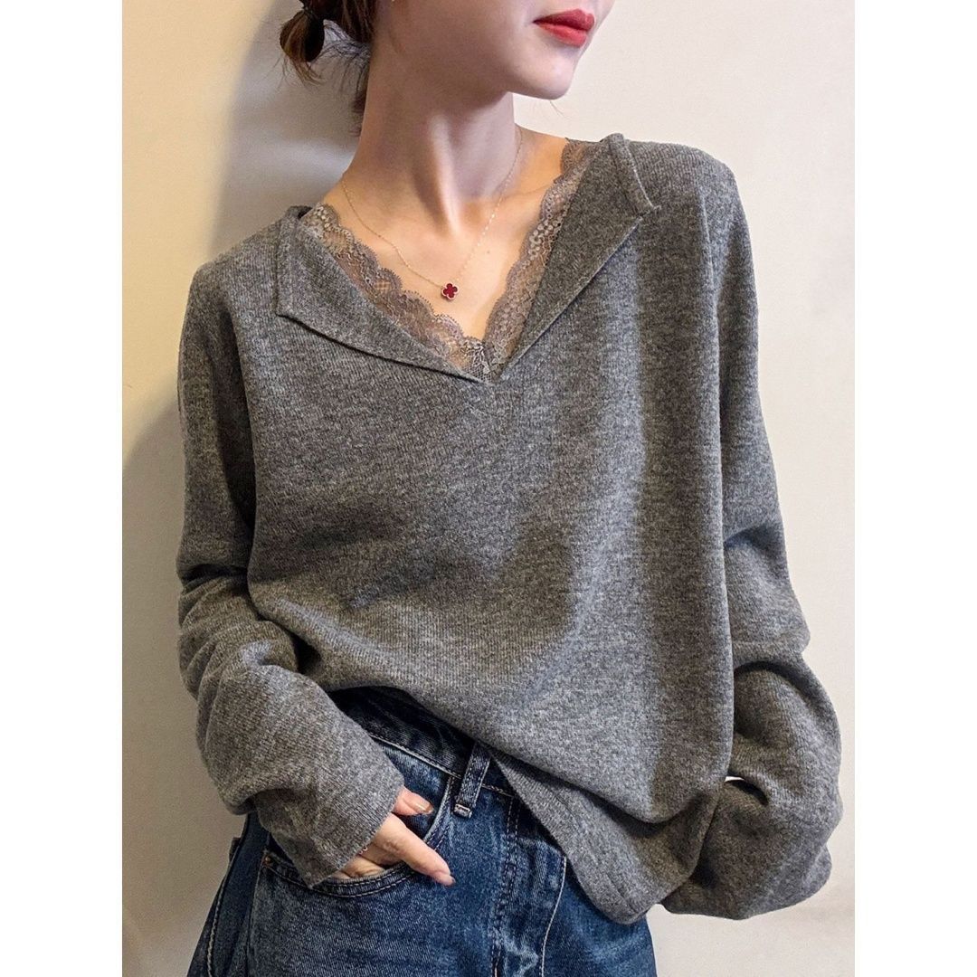 Lace-trimmed Knit Sweater A Stylish Versatile Piece That Exudes Elegance
