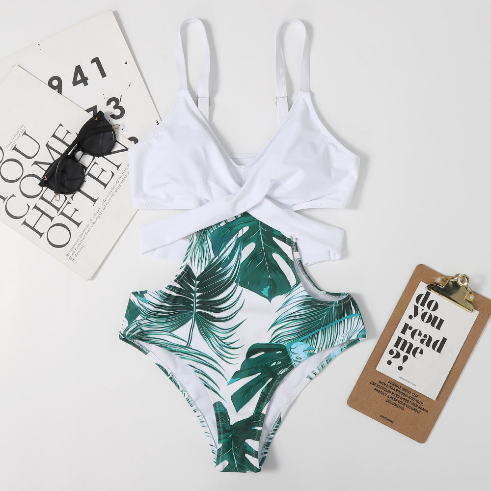 One-piece Leaf-shaped Flowers Color Matching Women's Swimsuit Lace-up Sexy Triangle Bikini