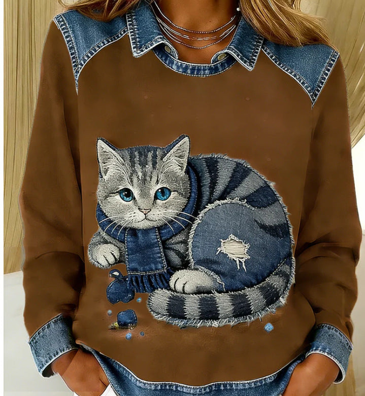 Womens Denim Crew-Neck 3D Digital Print V-Neck T-Shirt