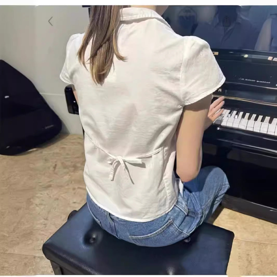 BM Style White Lace-up Waist Polo Collar Button Shirt
