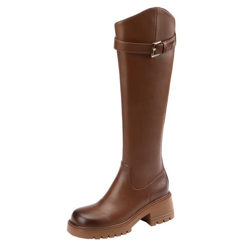 Leather High Heel Knee Boots British Style Round Toe Chunky