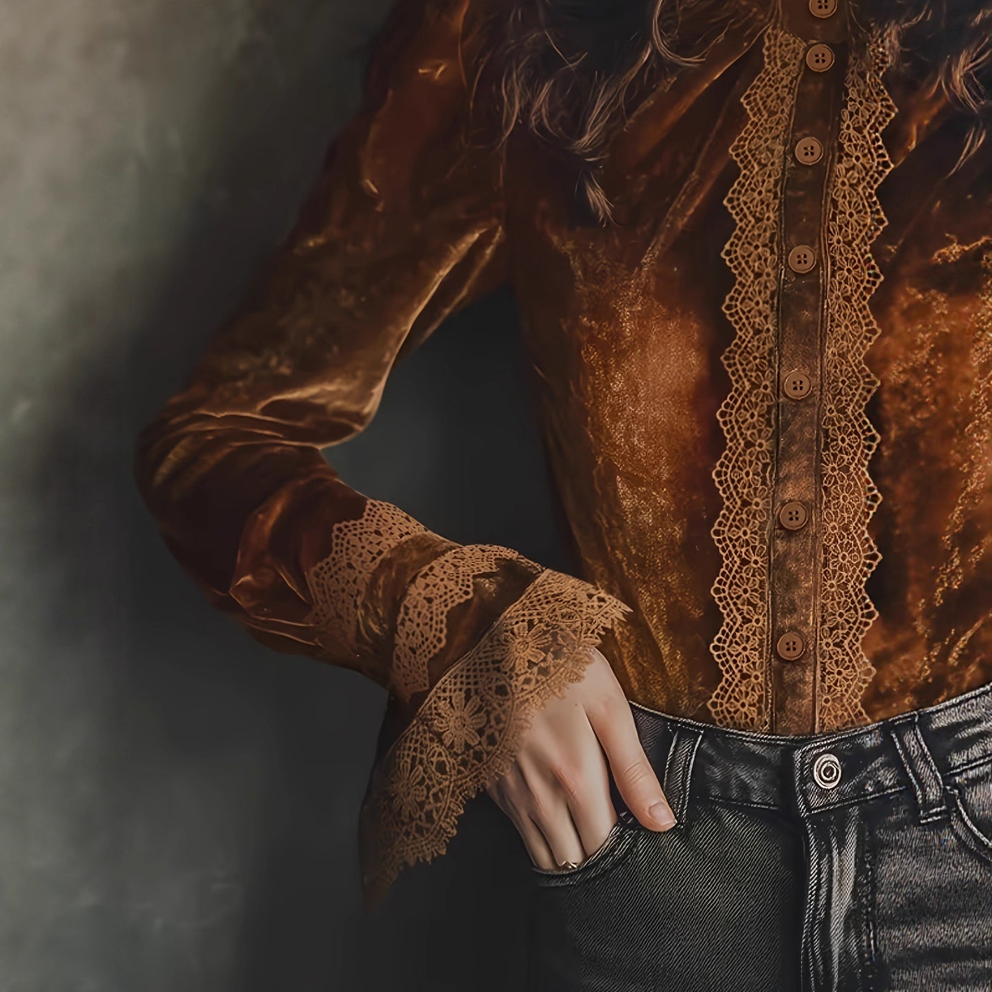 Womens New AutumnWinter Retro Lace-Patchwork Shirt