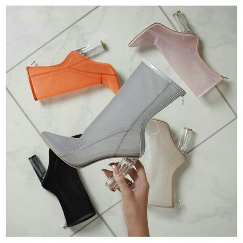 Women's Thick High-heeled Transparent Mesh Pointed Sandals
