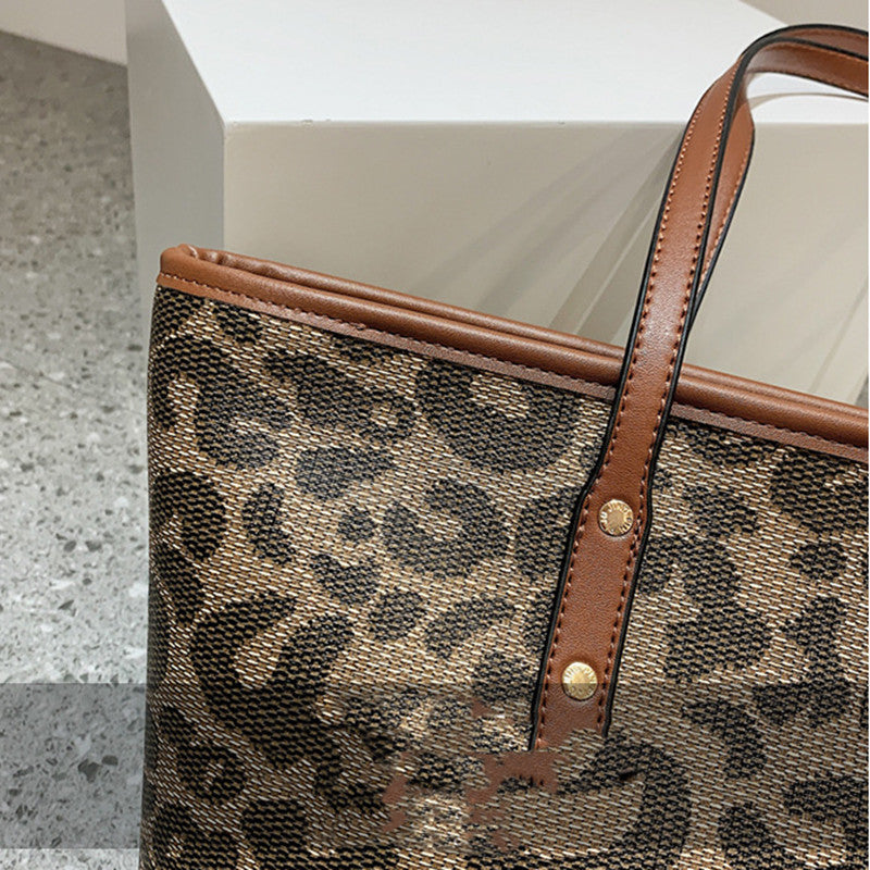 New Fashion Trendy Old Flower Leopard Print Tote Bag All-match Portable
