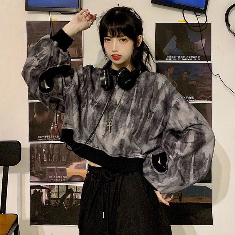 Women's Autumn Short Sweater Harajuku Style Tie Dye Long Sleeve Loose
