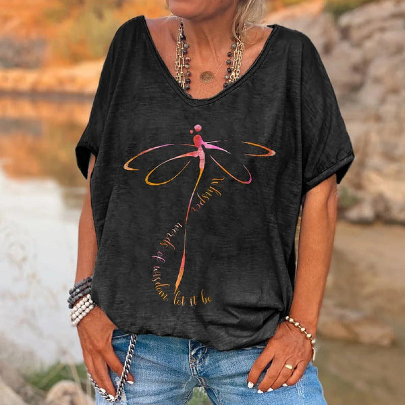 Loose Fashion V-neck Cartoon Digital Printed T-shirt