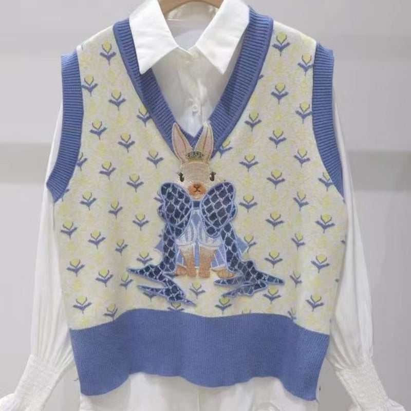 Embroidered Knitted Vest Cartoon Rabbit