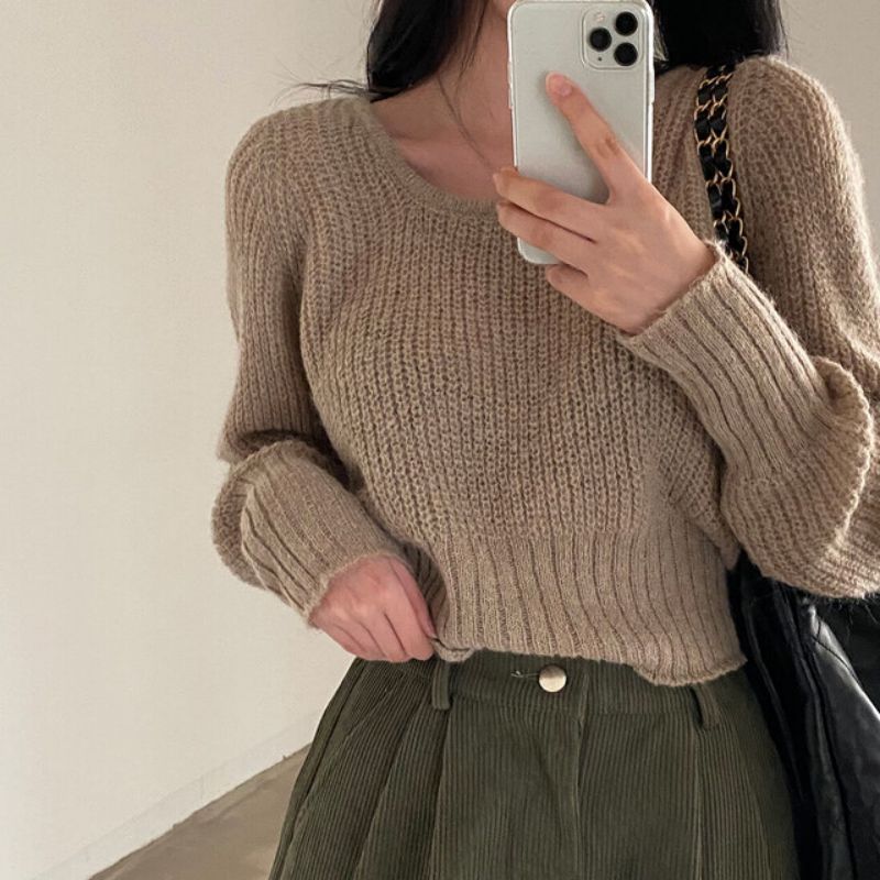 Square-neck Cinched Slimming Pure Color All-matching Fashionable Sweater Women