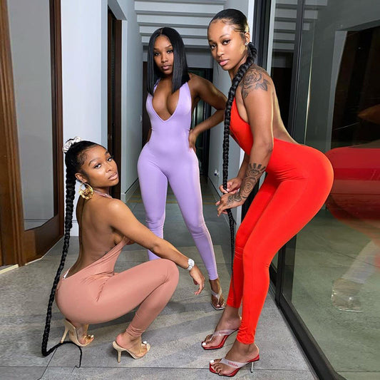 Women's Fashion Backless Neckline V-neck Lifting Hip Sports Jumpsuit