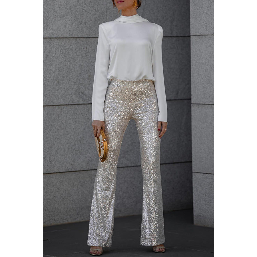 European And American Sequins Elastic Waist Slim Elastic Bell-bottom Pants