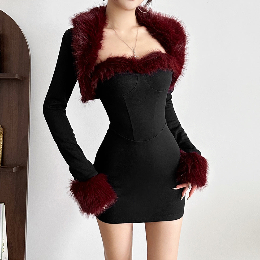 Women's Plush Patchwork Long-Sleeve Sheath Dress Set