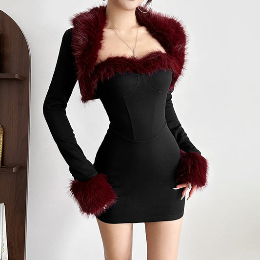 Women's Plush Patchwork Long-Sleeve Sheath Dress Set