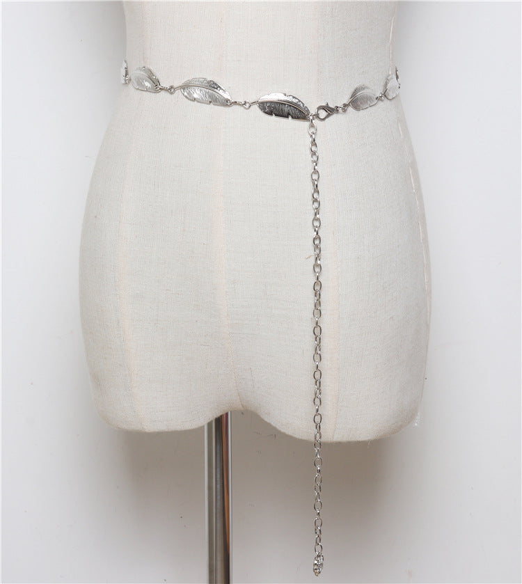Fashion All-match Dress With Leaf Metal Ladies Waist Chain Decoration