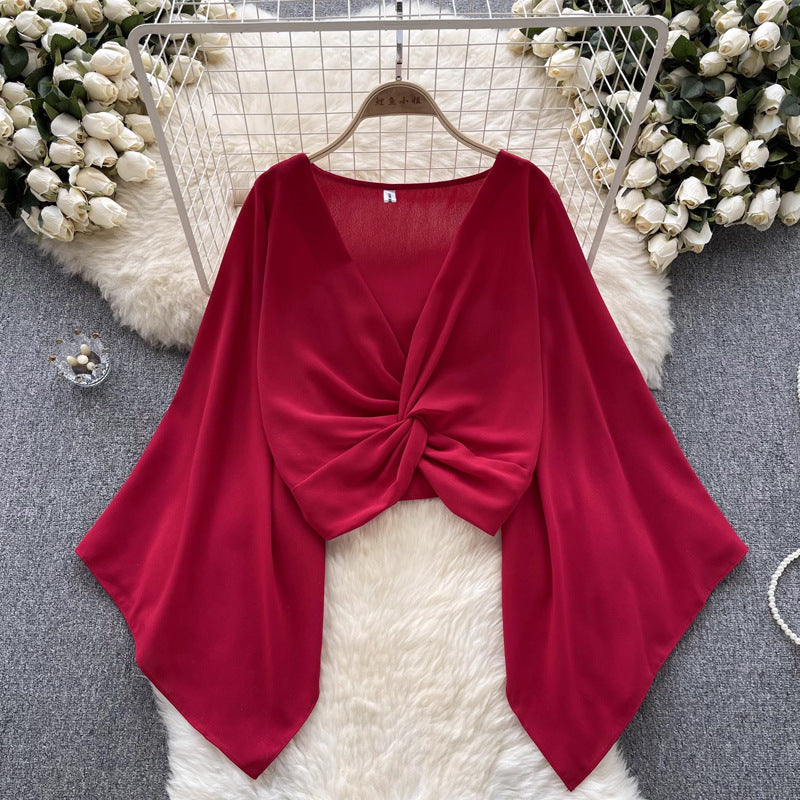 Niche Design V-neck Knot Bell Sleeve Shirt