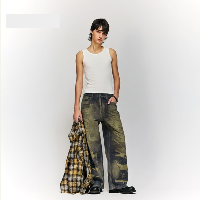 Autumn And Winter New American Street Fashion Printed Denim Wide Leg Pants For Men