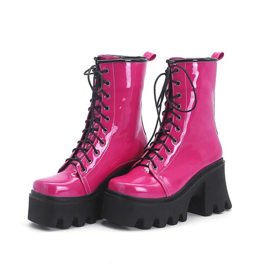 European And American Style Patent Leather Square Toe Lace-up Shoes