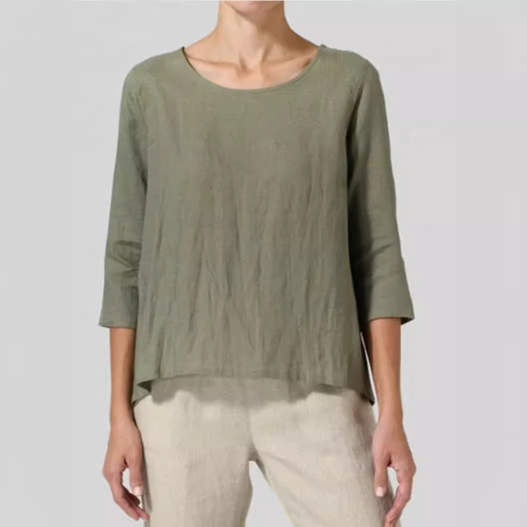 Cotton And Linen Plus Size Women's Clothing 34 Sleeve Casual Loose-fitting T-shirt
