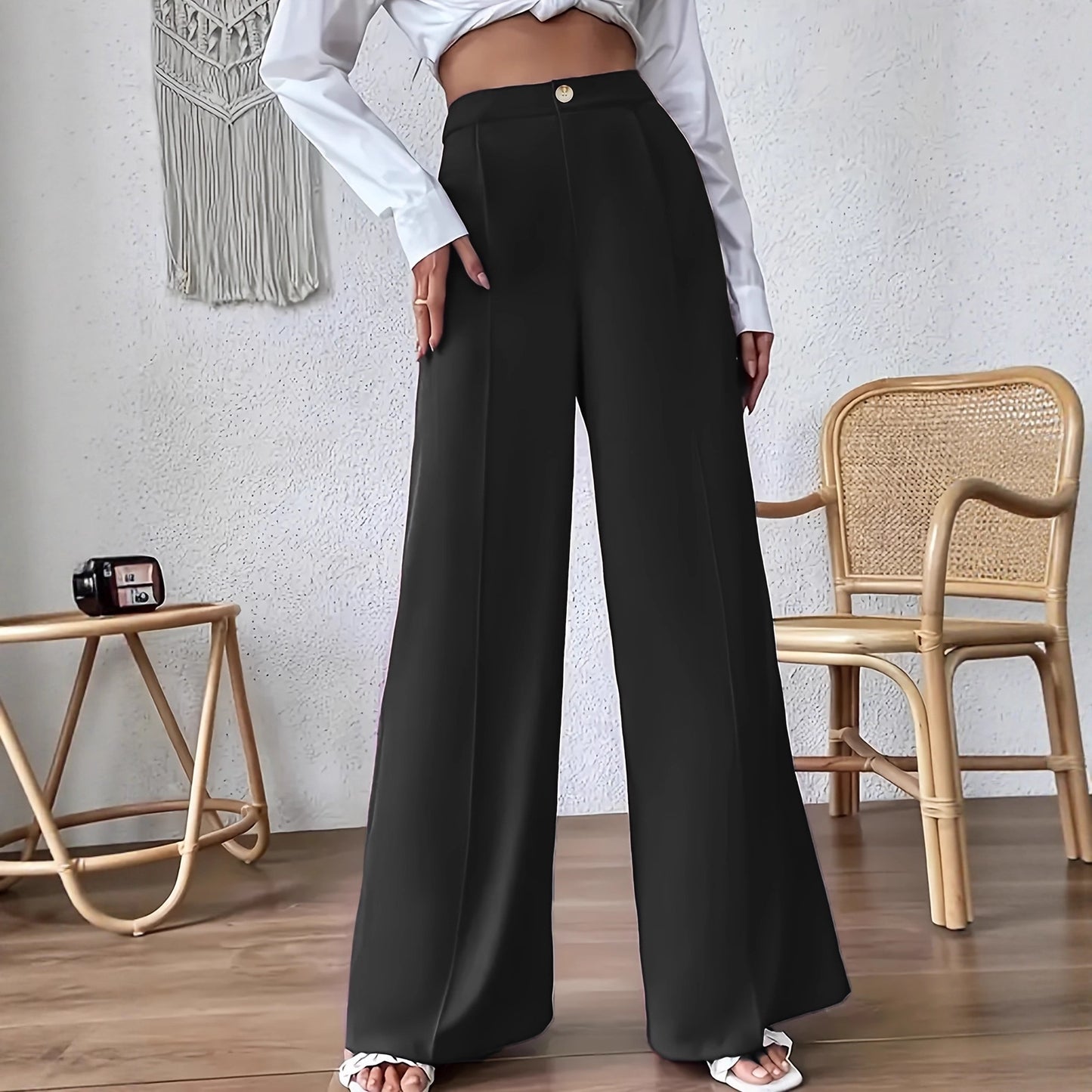 Elegant Buttoned-up Loose-fitting Straight-leg Suit Pants