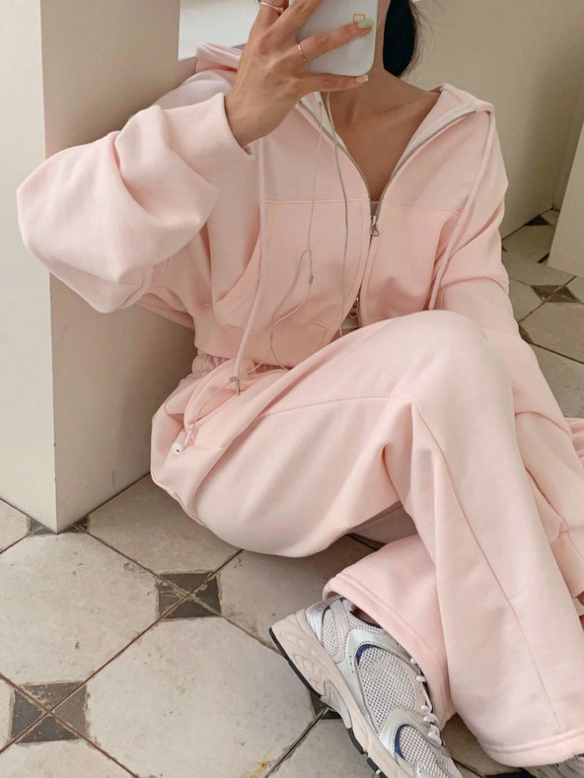 Hooded Solid Color Sweatsuit With Drawstring