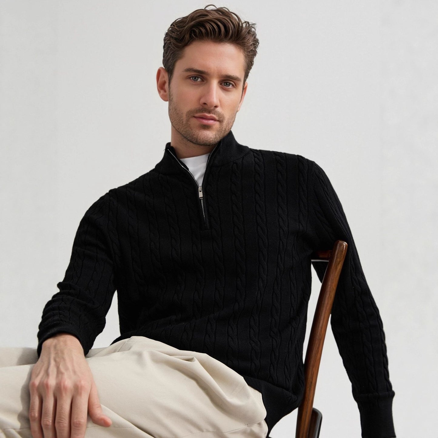 American Old Money Style Stand Collar Twisted Men's Casual Zipper Sweater