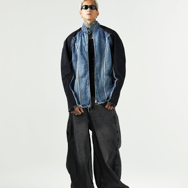 Heavy Industry Distressed Cat Raw-cut Edges Color Matching Machete Sleeve Wash Stand Collar Denim Coat