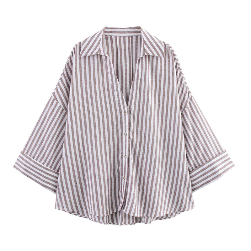 Casual All-matching Lapel Striped Wide Sleeve Shirt