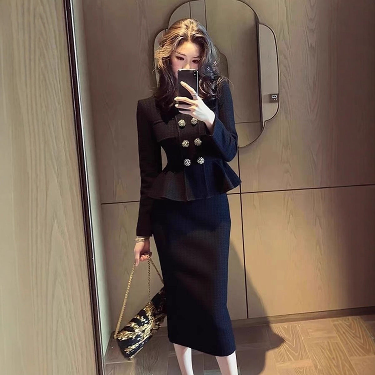 High-fashion Black Coat And Skirt Set