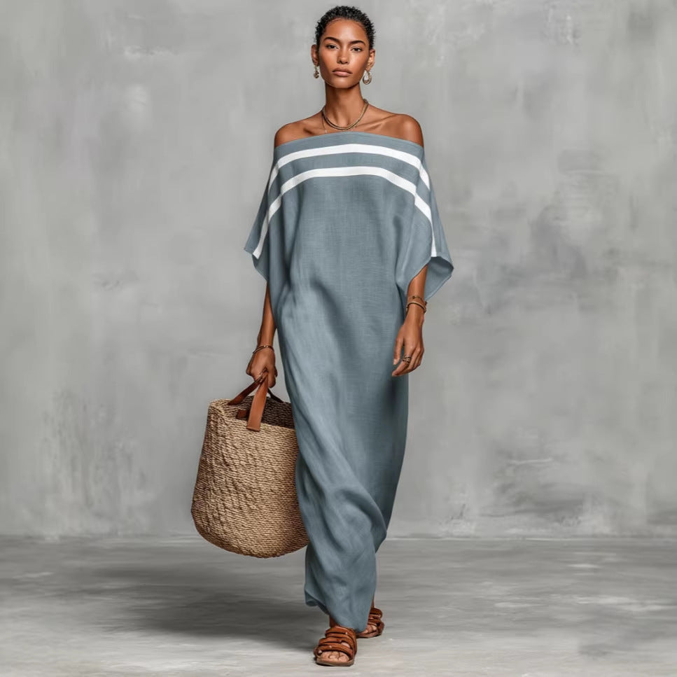Womens Stand-Up Collar Striped Casual Loose Dress