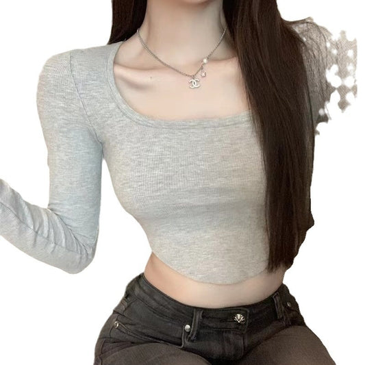 Womens Solid-Color Sexy Slim-Fit Long-Sleeve Top