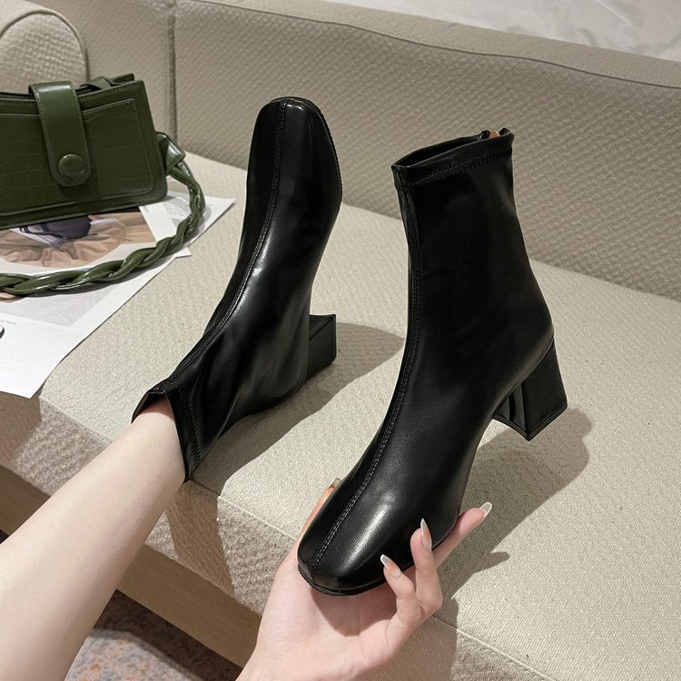 Soft Leather Was Thin High-heeled Nude Boots Square Toe Elasticity