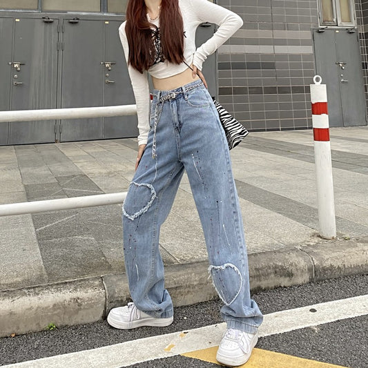 Design Børstet Hjerte Patch Straight Jeans