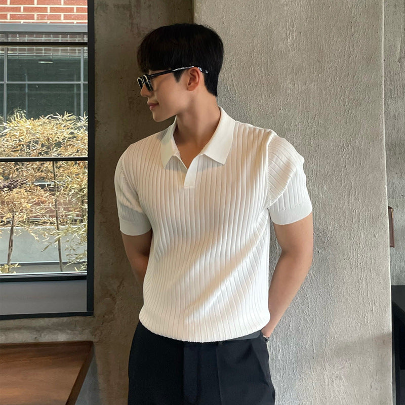 Sommer striber kortærmet POLO Shan herre koreansk slim fit revers ensfarvet afslappet tynd halværmet trend strikket top