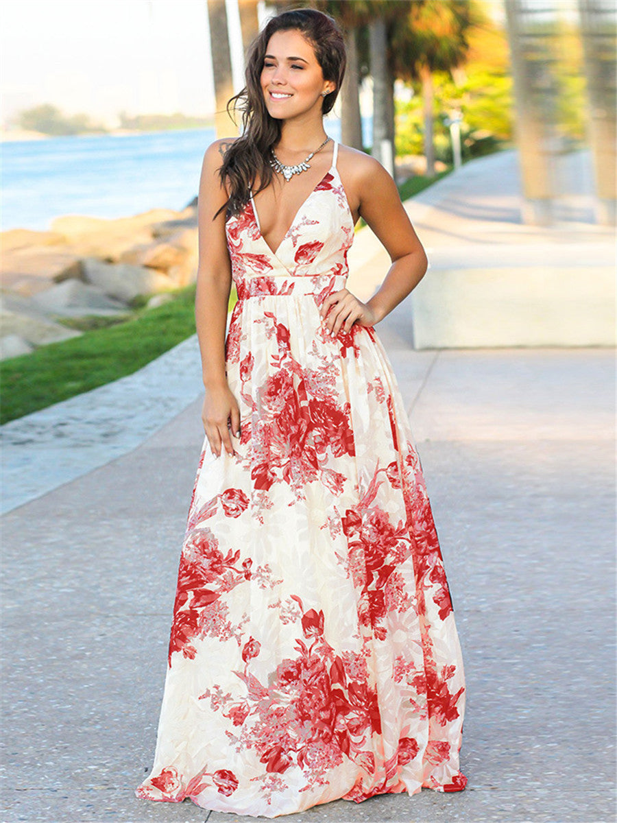 Slim Fitting V-neck Large Floral Flowing Drawstring Long Skirt
