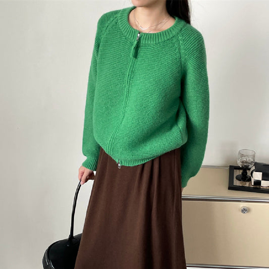Sweater Double Zipper Sweater For Women Loose And Lazy Style Crew Neck Coat