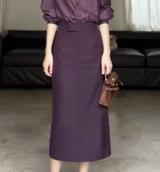 Fashionable Set Womens Blouse Top And Slimming High-Waist Slit Skirt
