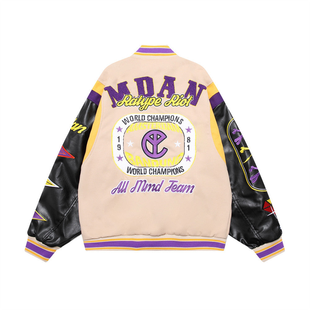 Letter Machine Embroidery Baseball Uniform Men's Hip Hop Stitching PU Leather Jacket