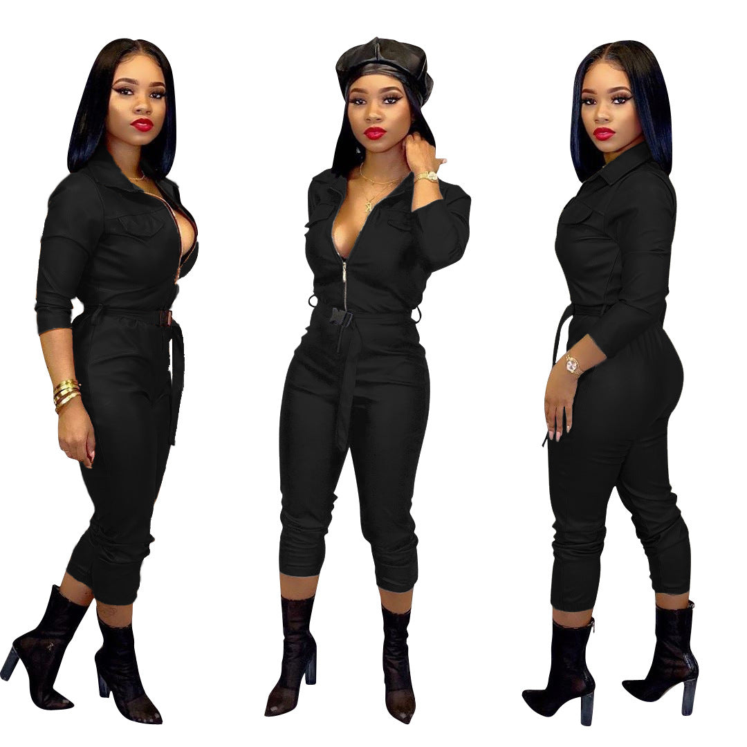 Women's Casual Fashion Solid Color High Elastic Leather Jumpsuit