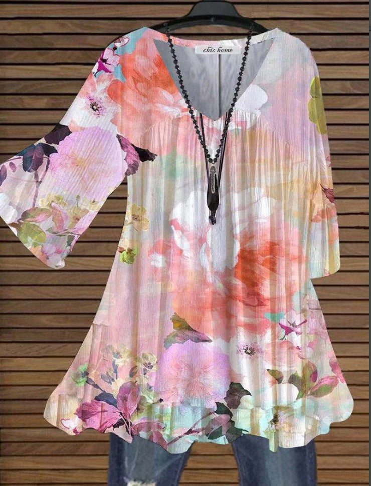 Multi-color Floral Print Cool V-neck Women's Blouse