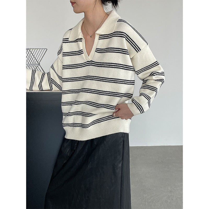 Strikket stribet sweater i koreansk idle-stil med polokrave
