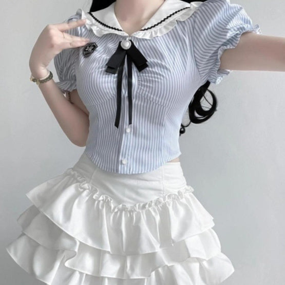 Sweet College Style JK Hot Girl Waist Trimming Short Sense Of Design Shirt Female Cake Dress Two-piece Set